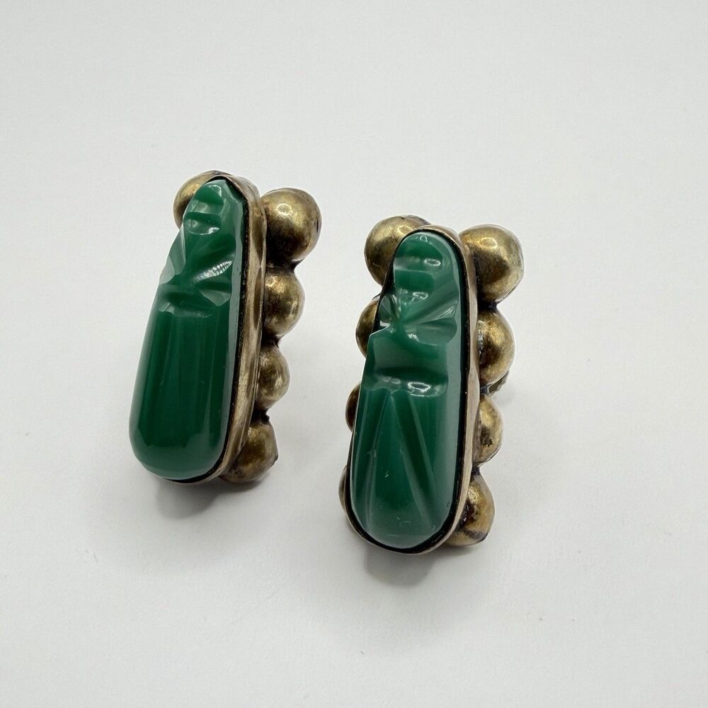 Vintage Mexico Silver Green Stone Clip On Earrings